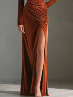 Rust Brown Off-Shoulder Velvet Ruched Evening Dress With High Slit