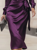 Deep Purple Satin Wrap Midi Dress
