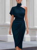 One-Shoulder Ruched Waist Draped Midi Dress