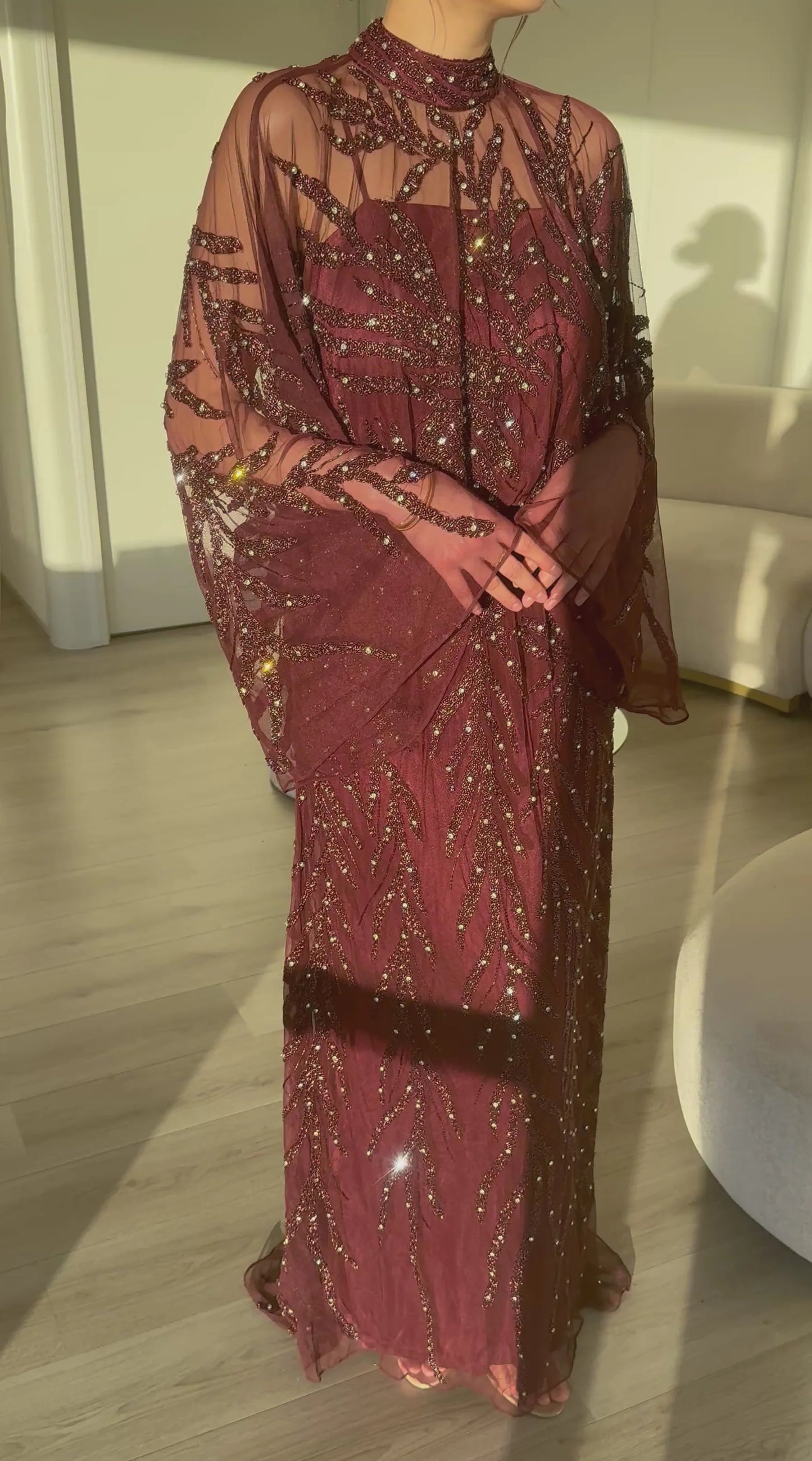 High Neck Sequins Lace Long Sleeve A-Line Floraml Women Evening Dress