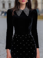 Embellished Collar Velvet Evening Dresss With Beaded Skirt