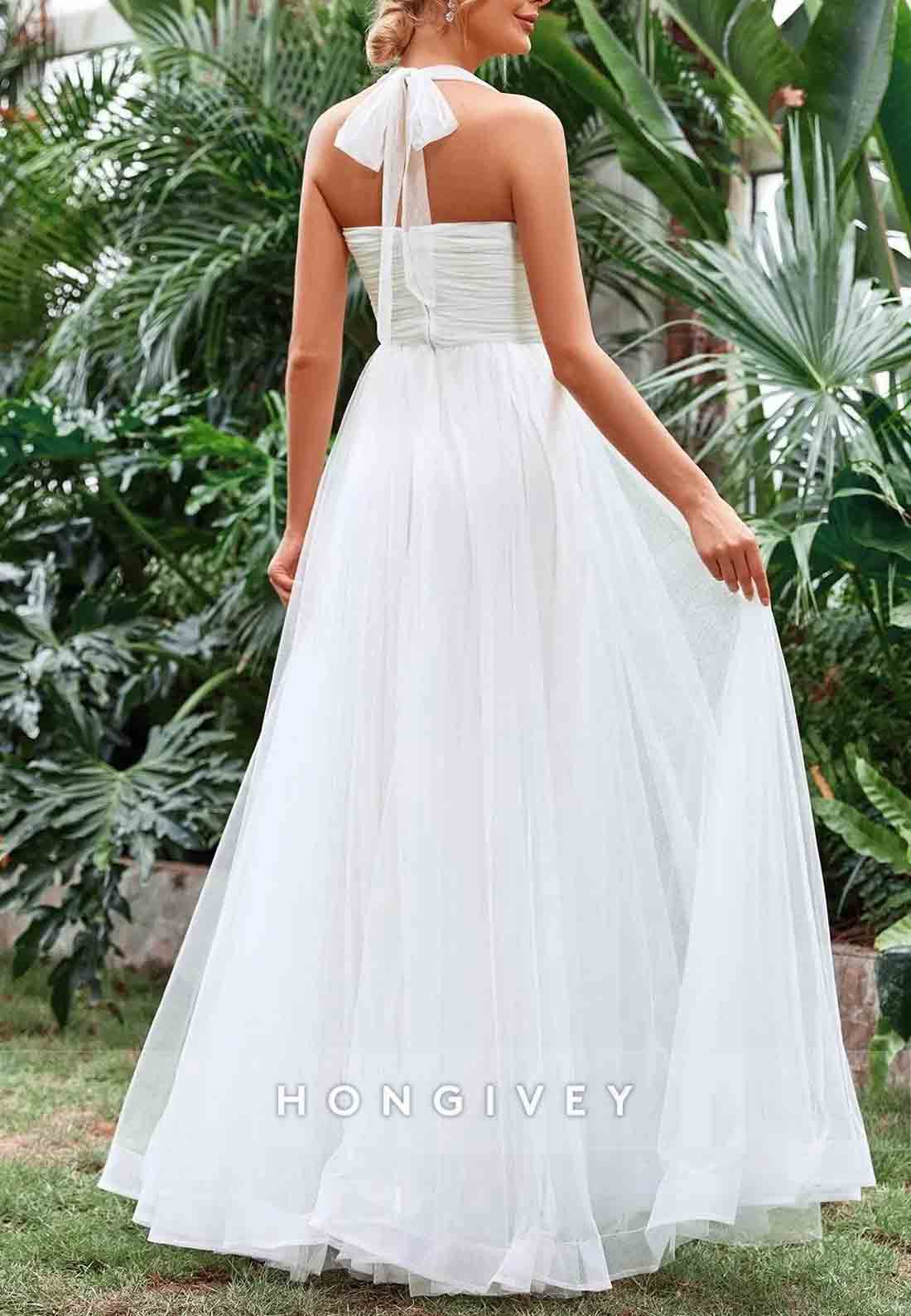 Halter Neck A-Line Ruched Bustier Mesh Floor-Length Wedding Dress