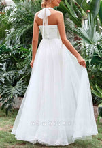 Halter Neck A-Line Ruched Bustier Mesh Floor-Length Wedding Dress