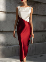 Ivory Burgundy Asymmetric Color-Block Satin Midi Dress