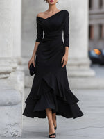 One-Shoulder Ruched Asymmetric Ruffle Hem Midi Dress