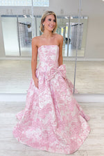 Gorgeous A Line Strapless Jacquard Satin Prom Dress with Bow
