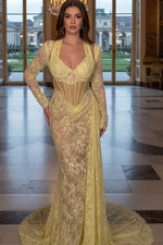 Yellow Long Sleeves Sweetheart Mermaid Embroidery Evening Dress