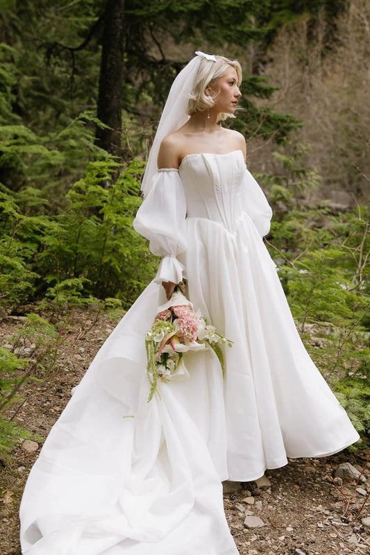 Charming A-Line Strapless White Satin Organza Wedding Dresses with Long Sleeves
