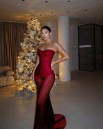 Red Tulle Strapless Sleeveless Long Mermaid Prom Dress With Sequins And Corset