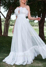 Floral Trim Layered Hem Mesh Tube Floor-Length Ruched Strapless Wedding Dress