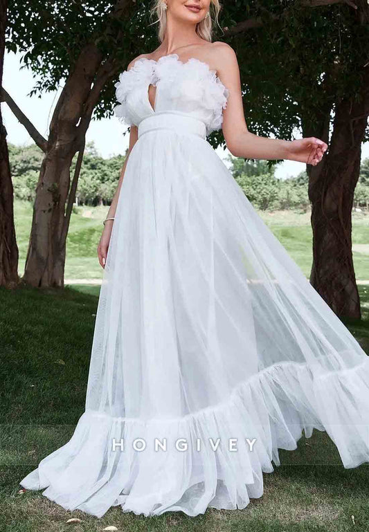 Floral Trim Layered Hem Mesh Tube Floor-Length Ruched Strapless Wedding Dress