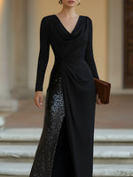 Draped Long Sleeves Cowl-Neck Sequin-Panel Evening Gown