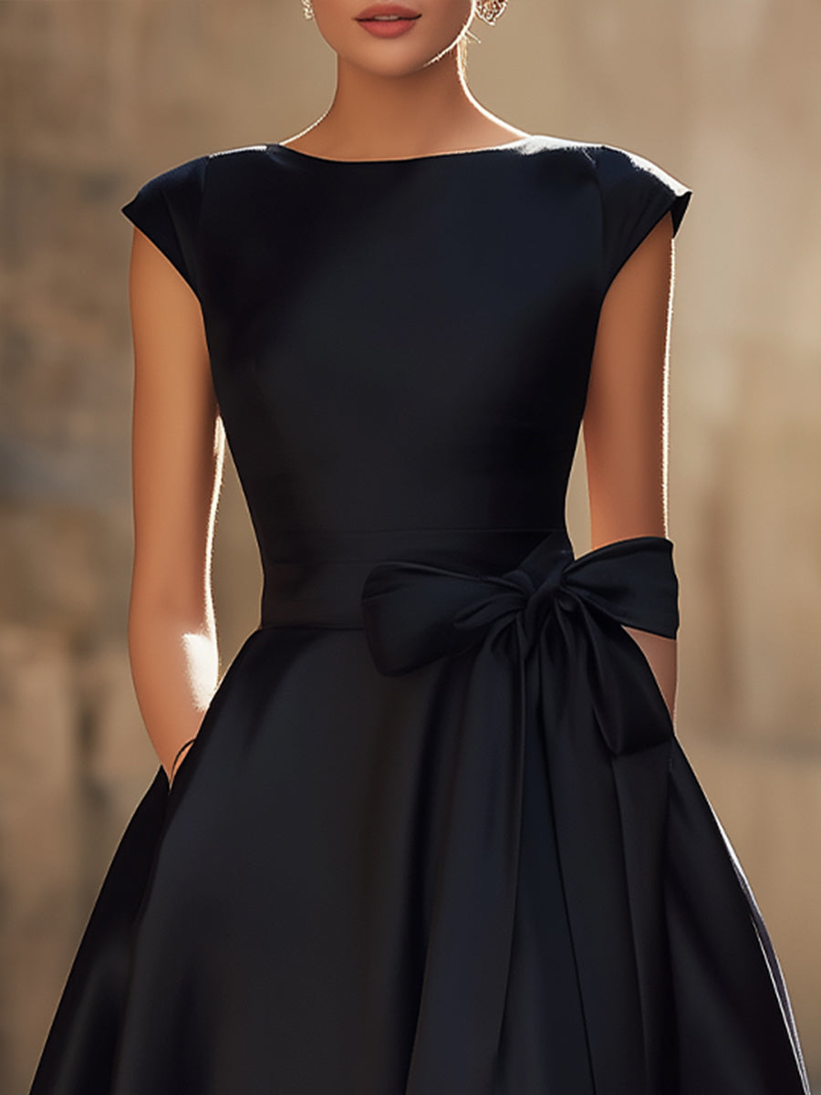 Elegance Boat-Neck A-Line Midi Wedding guest Dress With Oversized Side