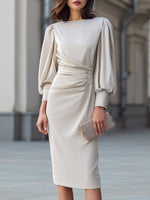 Draped Waist Puff Sleeve Midi Dress