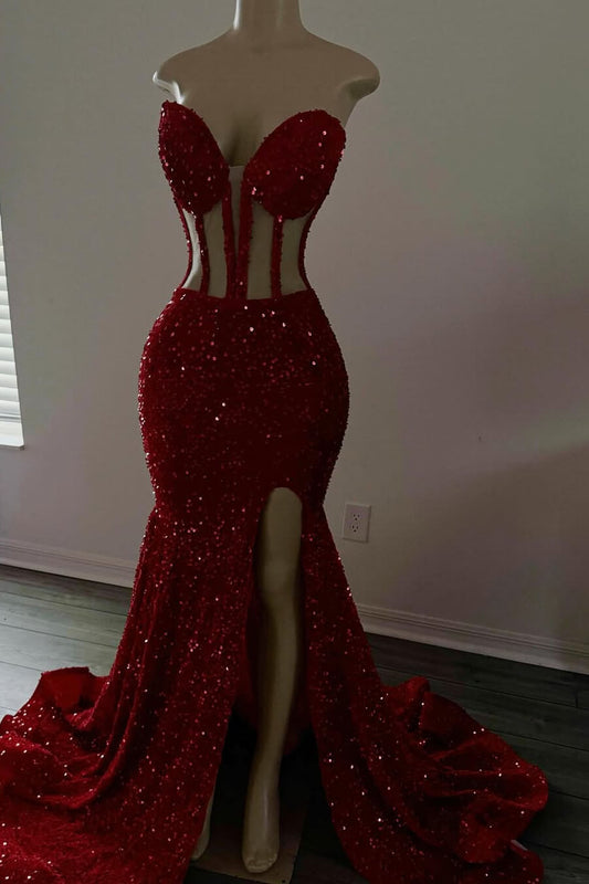 Red Sweetheart Sleeveless Mermaid Prom Dress Sequins Split Long With Lce-up Back