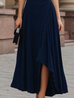 Navy Sleeveless Square Neck Ruched Asymmetric Midi Dress With Side Slit