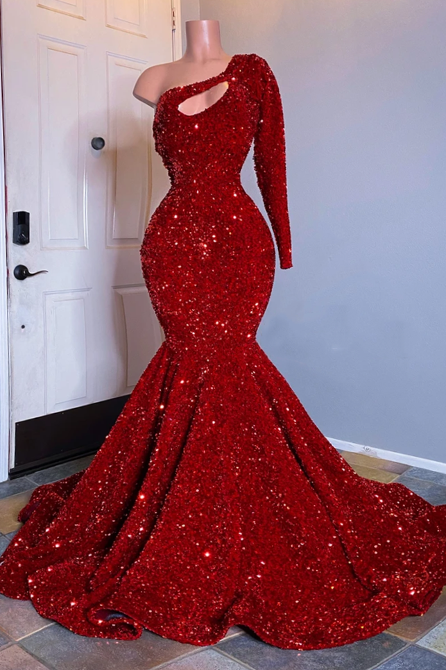 Hidais Chic Long Sleeve One Shoulder Sequins Long Mermaid Prom Dress With Ruffles