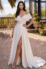 Off the Shoulder Sleeveless A-Line Side Slit Floor-Length Wedding Dress