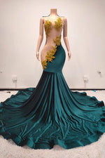 Dark Green Scoop Sleeveless Mermaid Prom Dresses Long With Gold Beadings