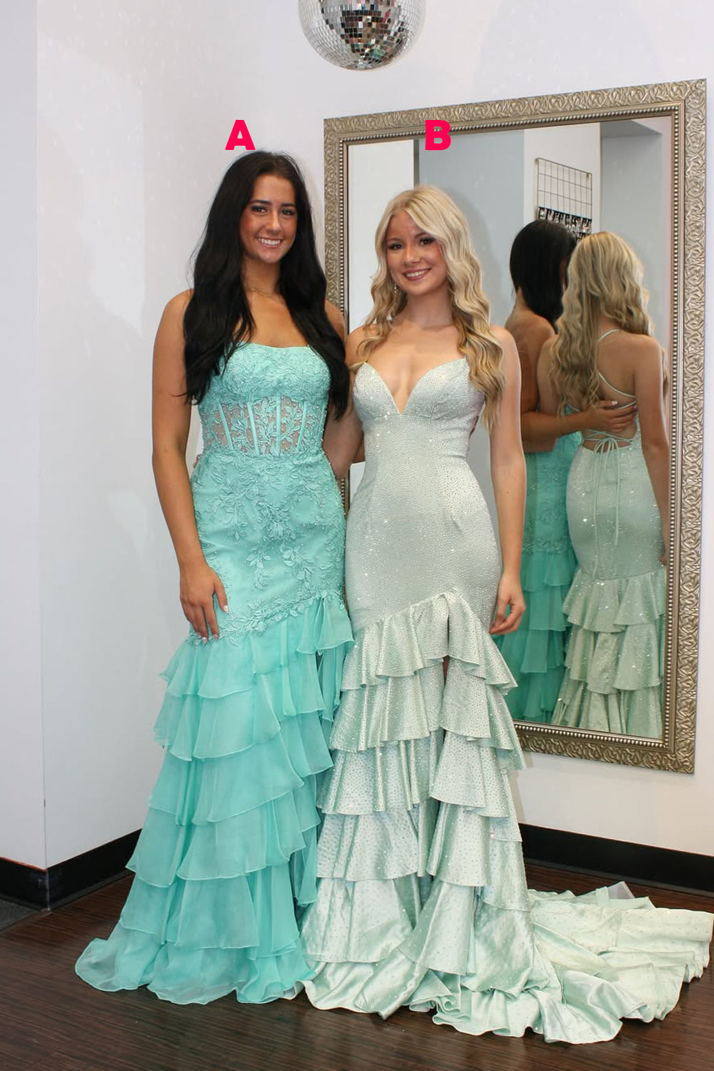 Mermaid V Neck Light Mint Sequins Ruffle Tiered Long Prom Dresses with Side Slit