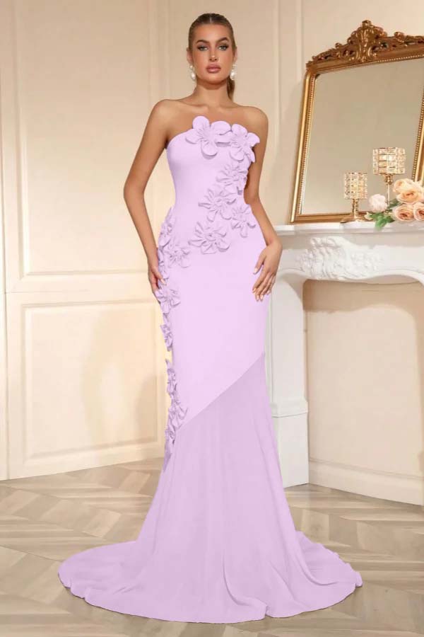 Candy Pink Strapless Sleeveless Long Mermaid Prom Dress With Flower Appliqués