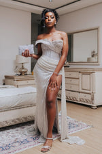 Modern Silver Off-the-Shoulder Sweetheart Mermaid Prom Dress Slit Long With Beadings