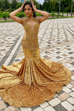 Modern Gold Sleeveless Sequins Mermaid Prom Dress Long With Crystals On Sale