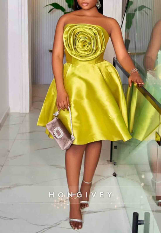 Flower Knee-Length Strapless Satin Sleeveless Princess Homecoming Dresses