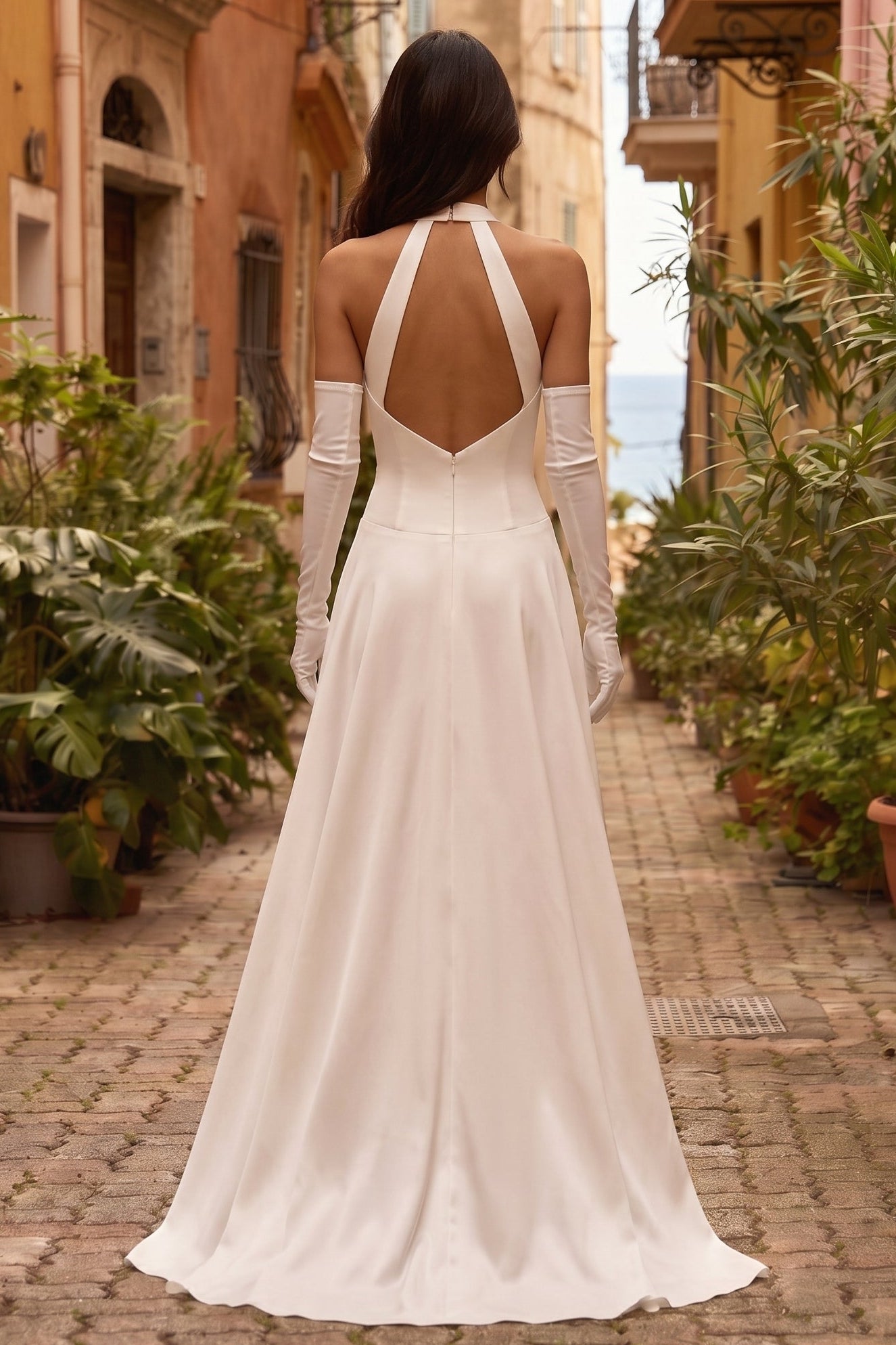 Halter Sleeveless Gloves Backless A-Line Floor-Length Wedding Dress
