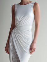 White Crystal-Embellished Ruched Side-Slit Evening Dress
