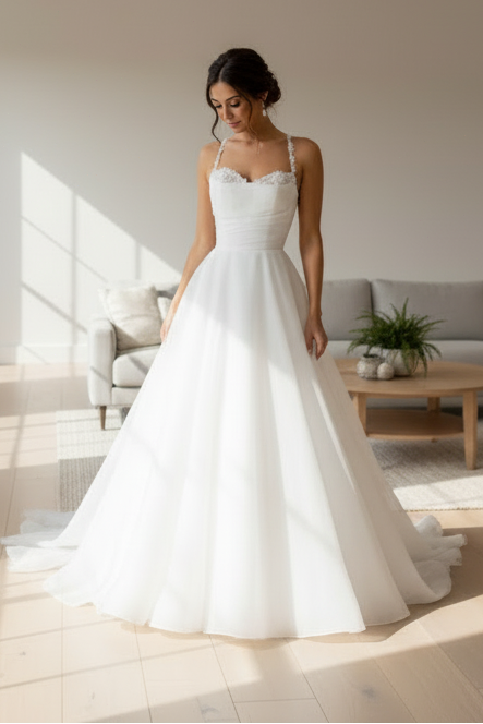 Organza A-Line Wedding Dress with Floral Appliqué Straps Ruched Bodice