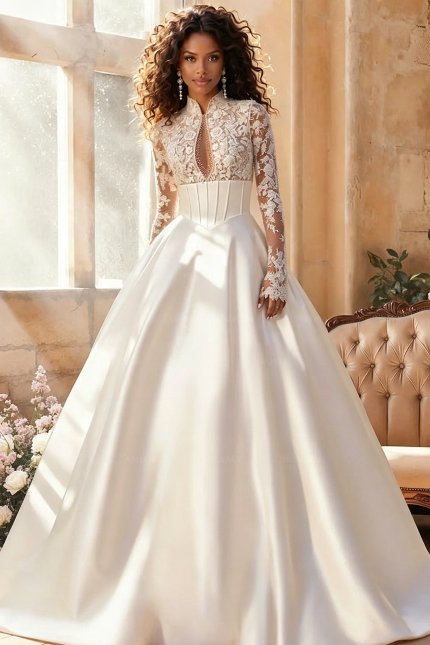 Ball-Gown V-Neck High Neck Long Sleeves Court Train Lace Tulle Soft Satin With Appliques Lace