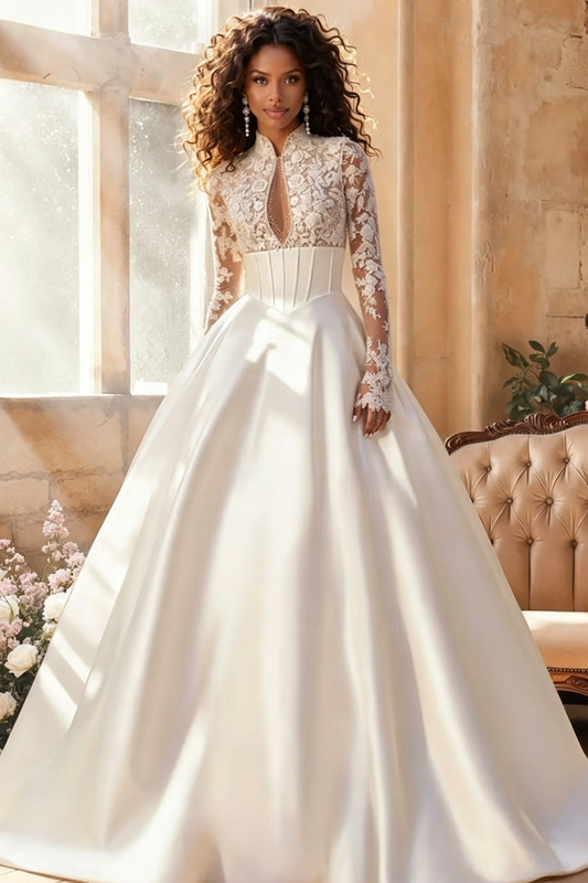Ball-Gown V-Neck High Neck Long Sleeves Court Train Lace Tulle Soft Satin With Appliques Lace