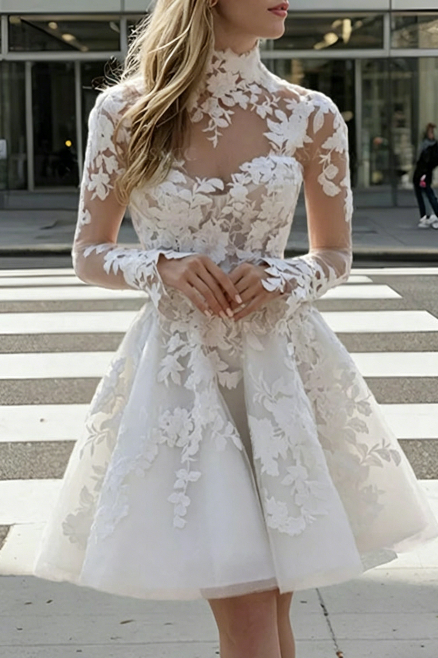 Dreamy Little White A-Line High Illusion Neck Long Sleeves Lace Wedding Dresses