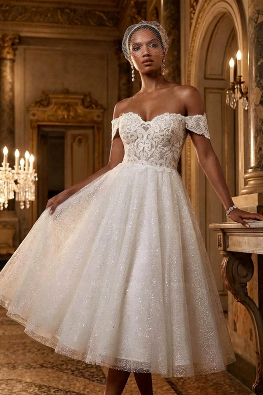 A-Line Off-The-Shoulder Sleeveless Lace Sequined Tea-Length Wedding Dress