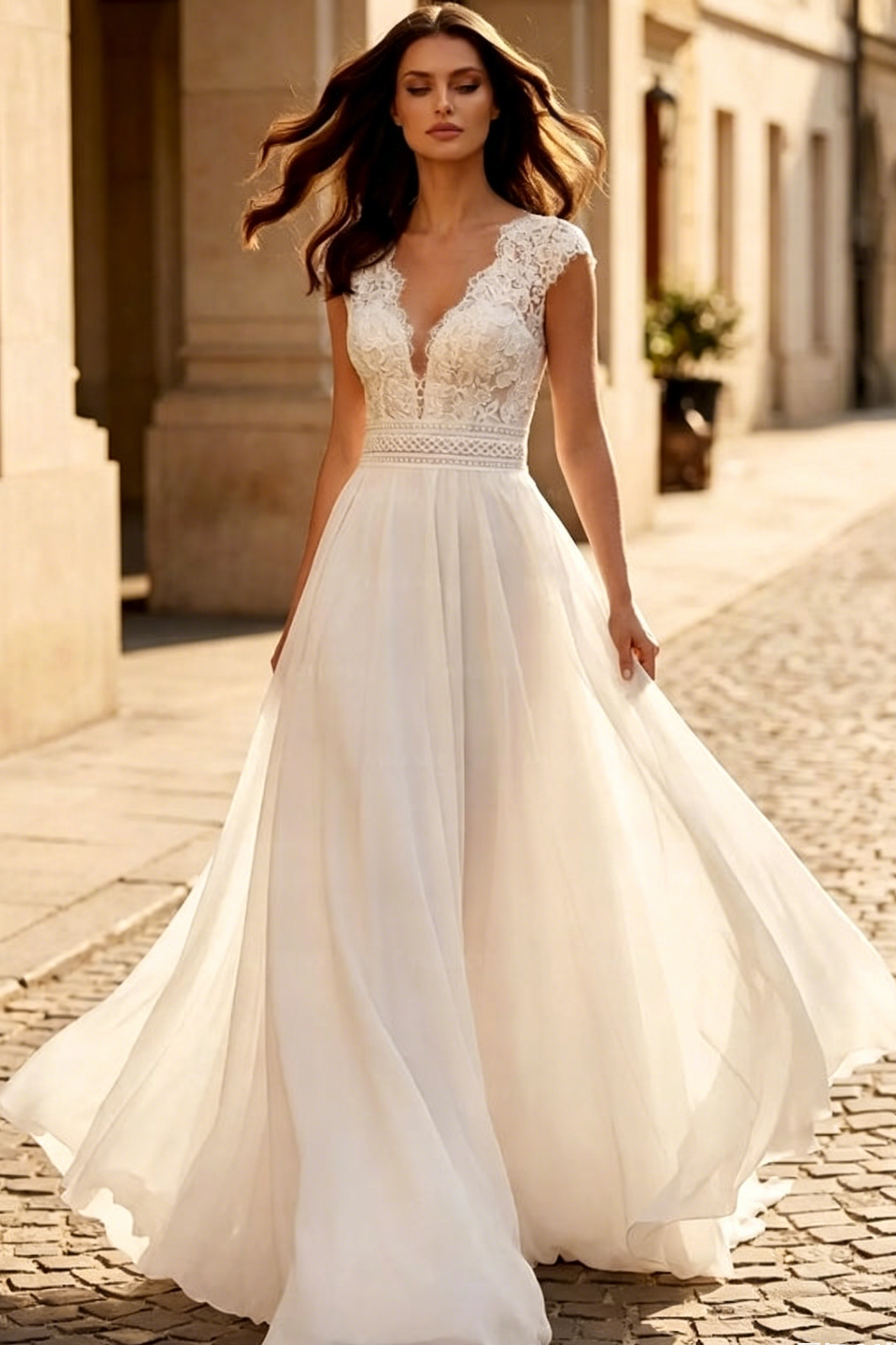 Vintage Boho A-Line Plunge Neck Lace/Chiffon Wedding Dresses With Low Back