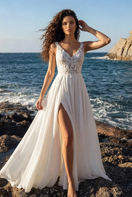 A-Line V-Neck Sleeveless Sweep Train Chiffon/Lace Wedding Dresses