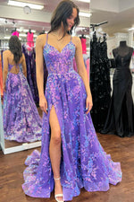 Cute A Line V Neck Purple Sequins Lace Long Prom Dress with Slit