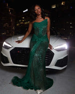 Hidais Tulle Asymmetric Strapless Sleeveless Long Pleated Mermaid Prom Dress With Sequins And Ruffles