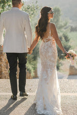 Mermaid V Neck Tulle Lace Sleeveless Wedding Dresses