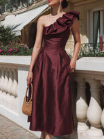 Elegant One-Shoulder Ruffle Midi Dress