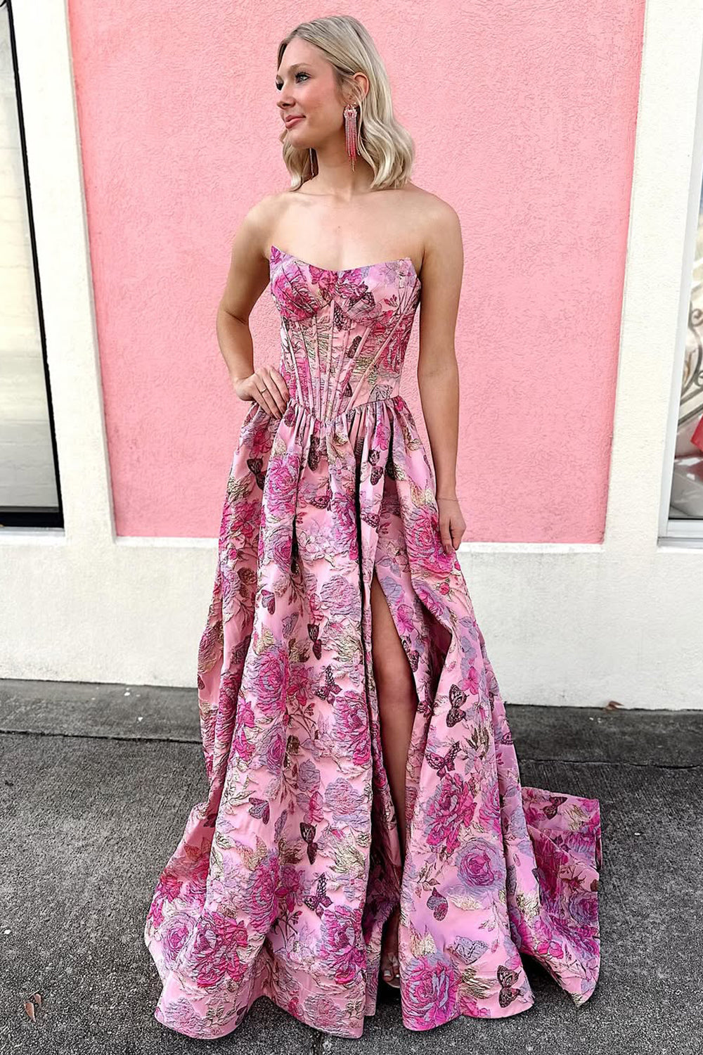 A Line Sweetheart Jacquard Satin Prom Dress with Slit