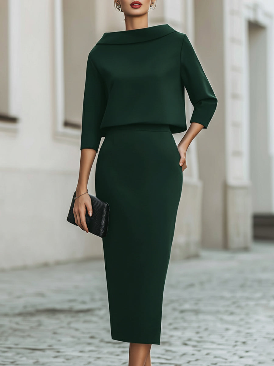 Boat Neck Long Sleeve Mermaid Tea-Length Wedding guest Dress