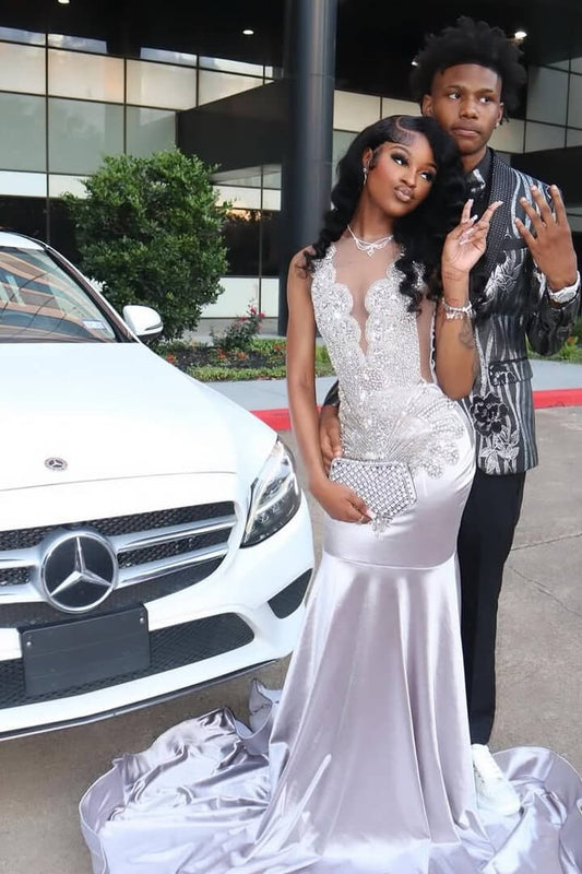 Modern Sleeveless Scoop Silver Mermaid Prom Dress With Beadings Online