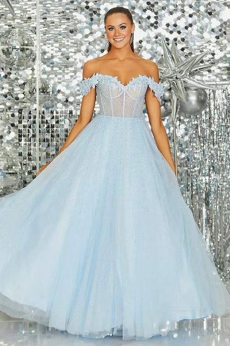 Applique Off the Shoulder Sleeveless Sparkle Tulle A-Line Prom Dress
