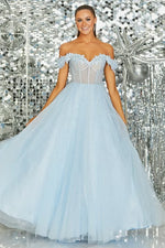 Applique Off the Shoulder Sleeveless Sparkle Tulle A-Line Prom Dress