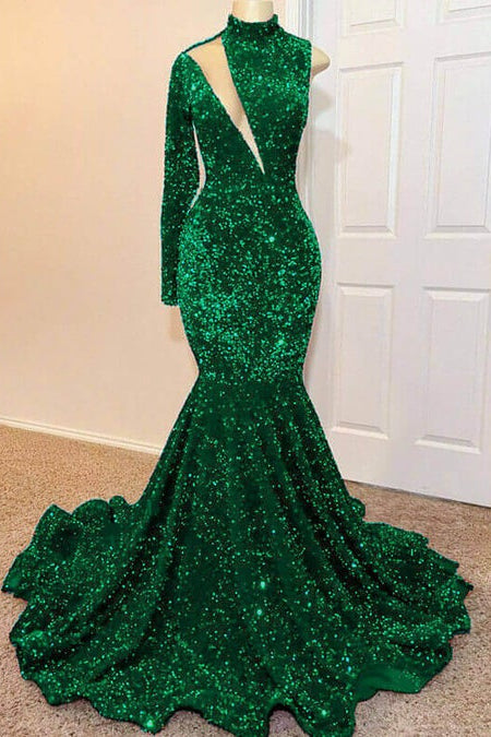 Hidais Green Mermaid High Neck One Shoulder Long Sleeve Long Prom Dress With Sequins