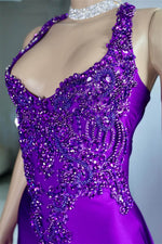 Purple Halter Sleeveless Mermaid Prom Dresses Split With Beadings Lace-up Back