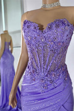 Classic Lilac Sweetheart Sheath Sleeveless Mermaid Prom Dresses Split With Sequins Appliques Lace-up Back
