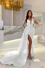 Shiny Blue Split Long Sleeves Mermaid Beaded Prom Dress Appliques Tulle